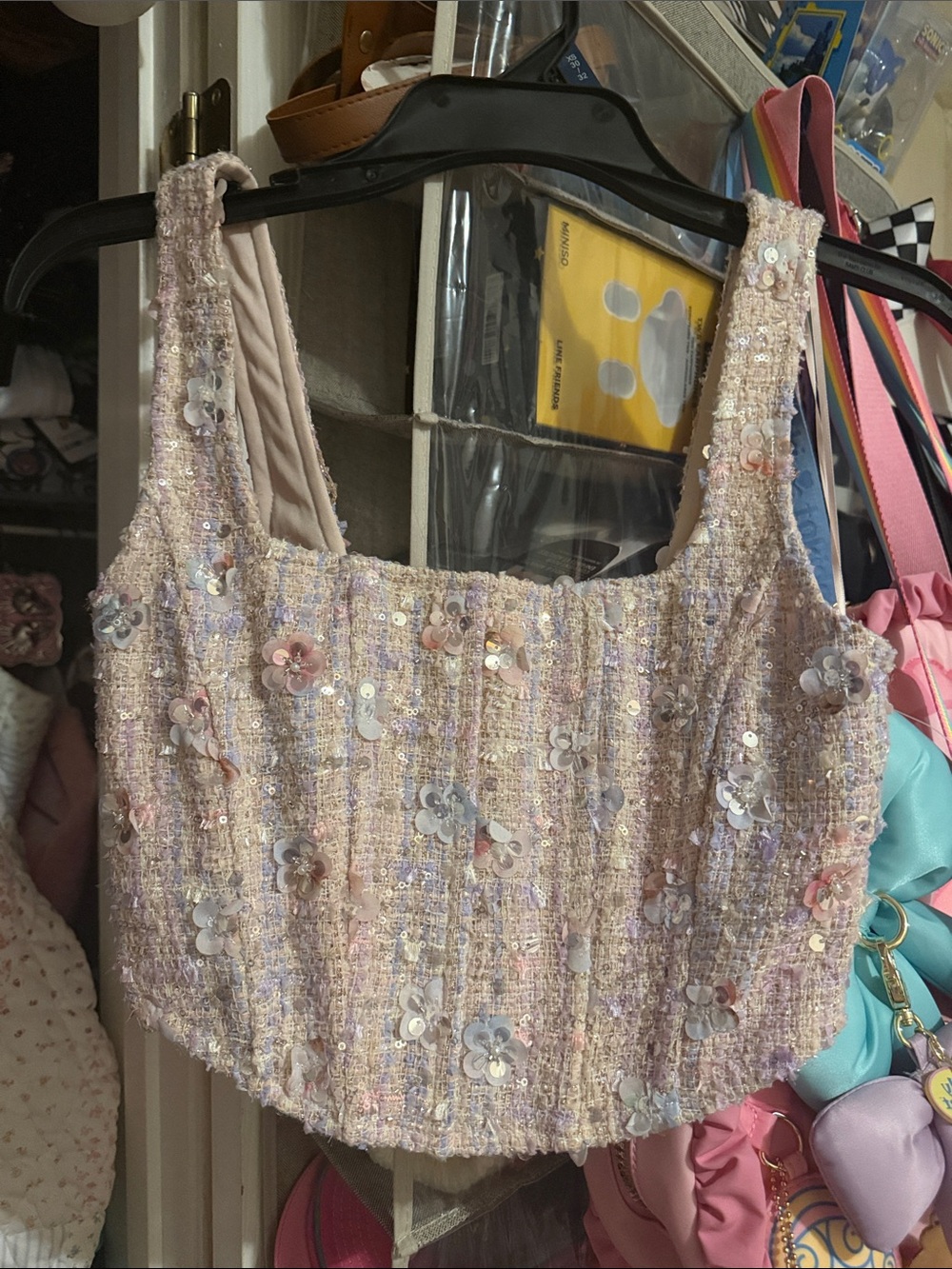 Altar'd State Pastel Tweed Sequin Floral Crop Top  and skirt set
